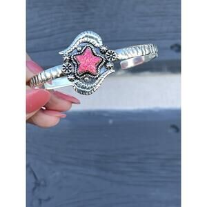 Sterling Silver Cuff Bracelet Pink Lab Opal Southwestern Star Native Style 7 3/8